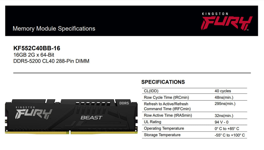 Kingston 16GB Fury Beast DDR5 5200 Desktop Memory Model: KF552C40BB-16 Specification