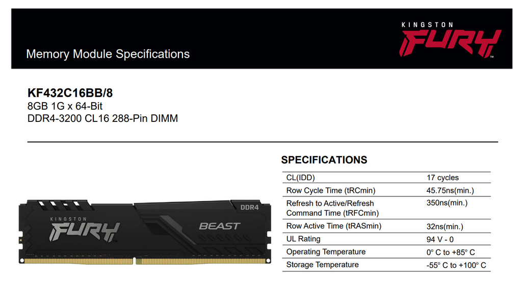 Kingston 8GB Fury Beast DDR4 3200 Desktop Memory Specification