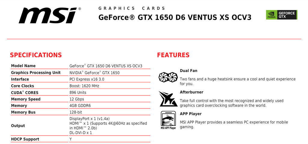 MSI Geforce GTX 1650 D6 VENTUS XS OCV3 PCI-E Video Card Specification