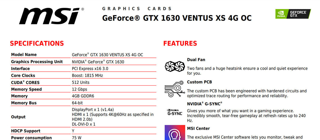 MSI GEFORCE GTX 1630 VENTUS XS 4G OC PCI Express Video Card Specification