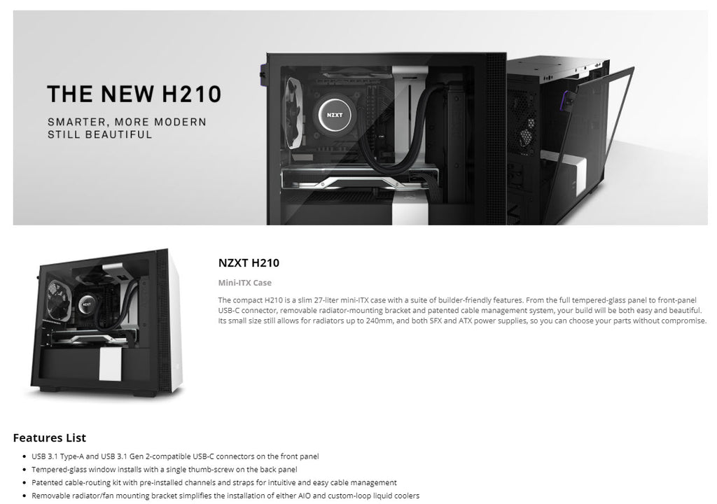 NZXT H210 Mini-ITX PC Gaming Case CA-H210B-W1 Description
