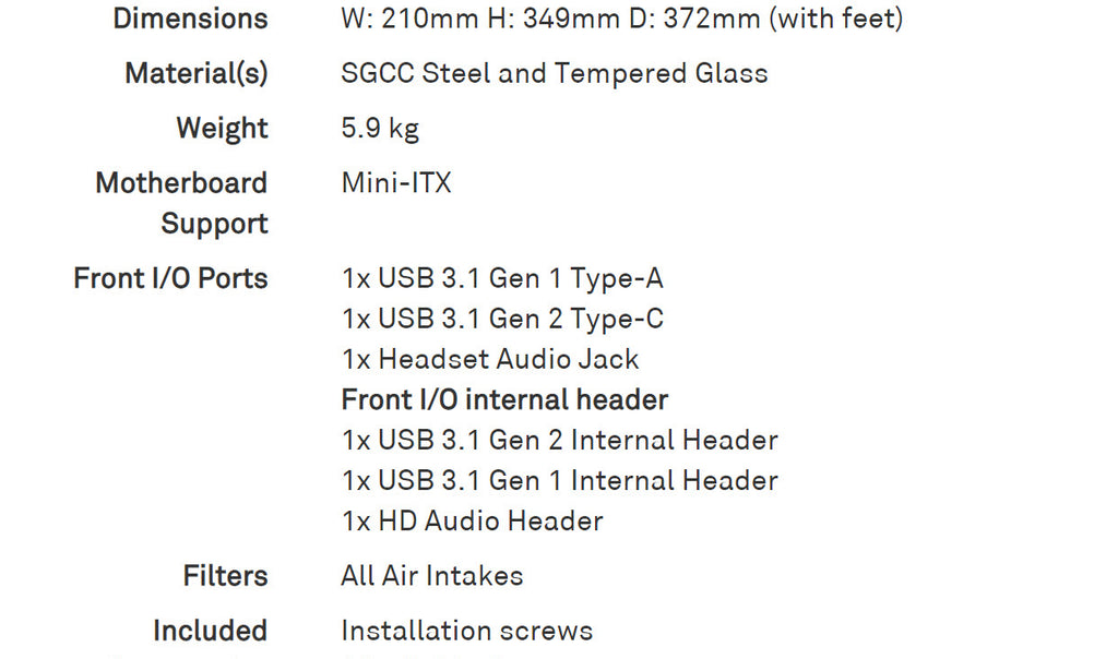 NZXT H210 Mini-ITX PC Gaming Case CA-H210B-W1 Specification