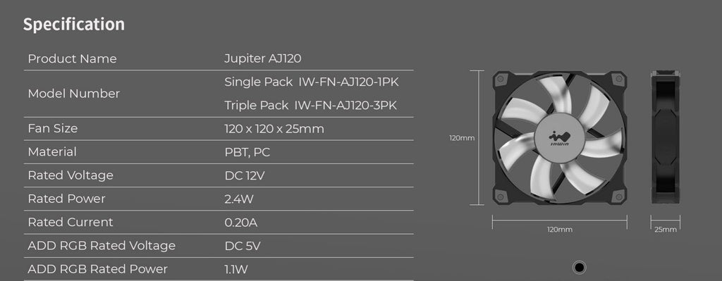 In Win Jupiter AJ120 120mm ARGB Case Fan Single Pack Model: IW-FN-AJ120-1PK Specification