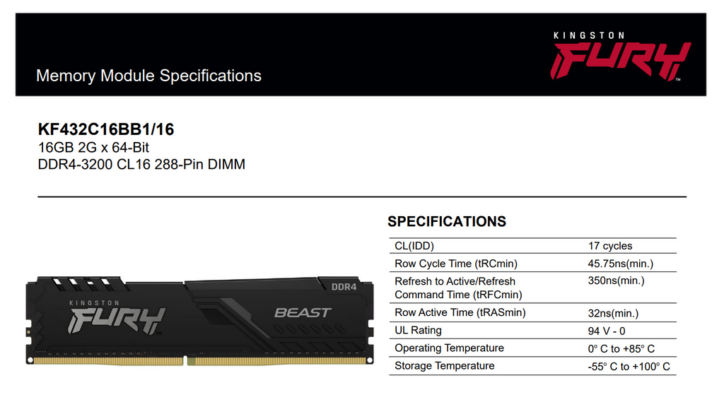 Kingston 16GB Fury Beast DDR4 3200 Desktop Memory Model: KF432C16BB1/16 Specification