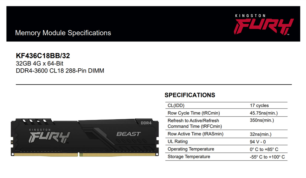 Kingston 32GB Fury Beast DDR4 3600 Desktop Memory Model: KF436C18BB/32 Specification