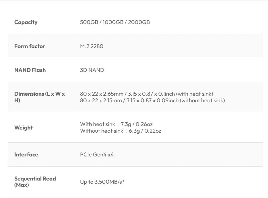 ADATA XPG LEGEND 800 GOLD Gen4 M.2 SSD Specification