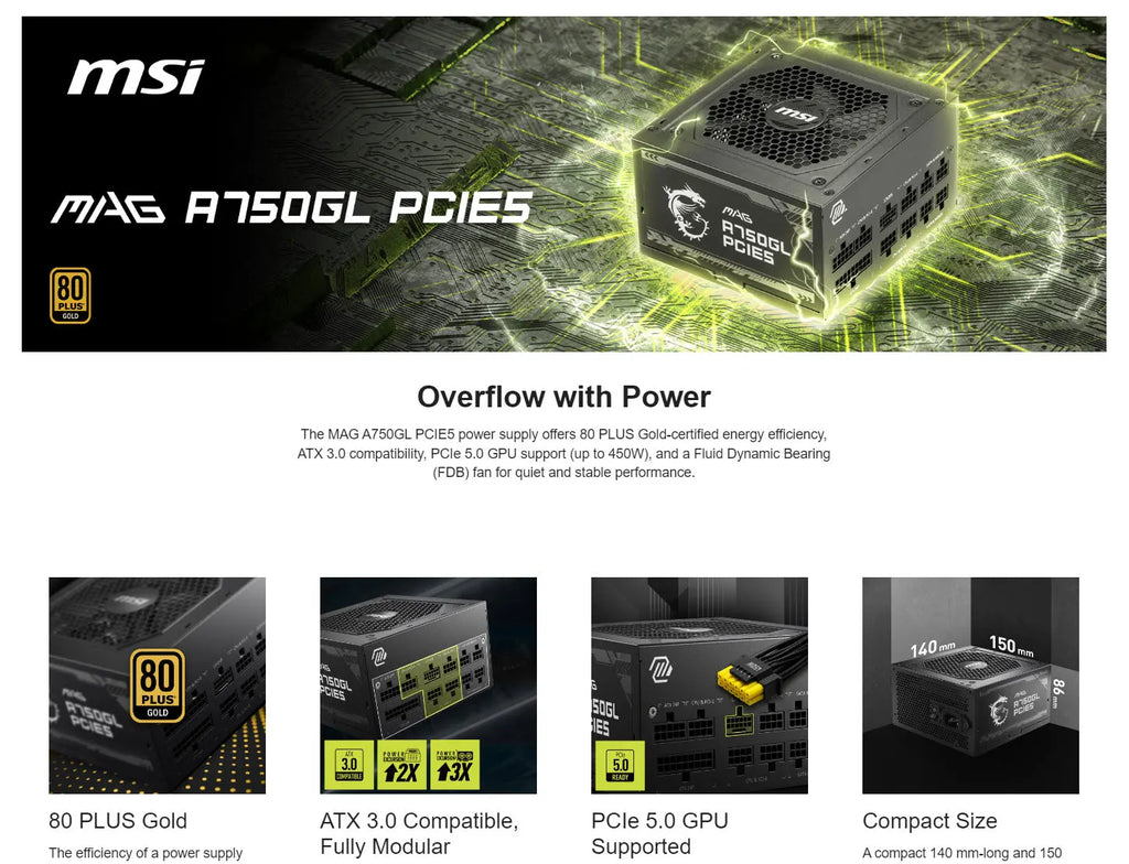 MSI MPG A750GL PCIE5 750W 80+ Gold ATX Modular Power Supply Description