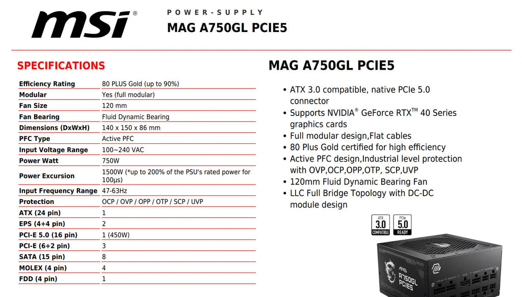 MSI MPG A750GL PCIE5 750W 80+ Gold ATX Modular Power Supply Specification