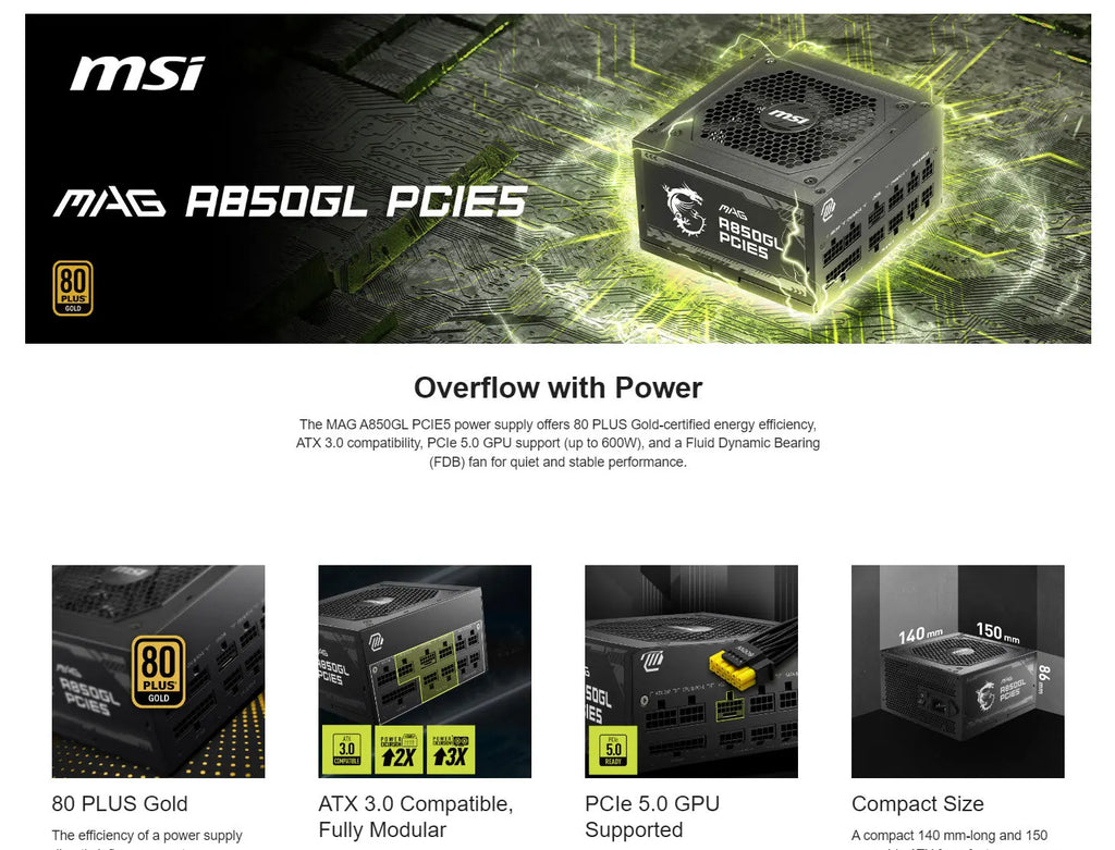 MSI MPG A850G PCIE5 850W 80+ Gold ATX Modular Power Supply Description