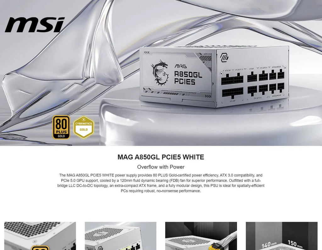 MSI MPG A850GL PCIE5 WHITE 850W 80+ Gold ATX Modular Power Supply White Edition
