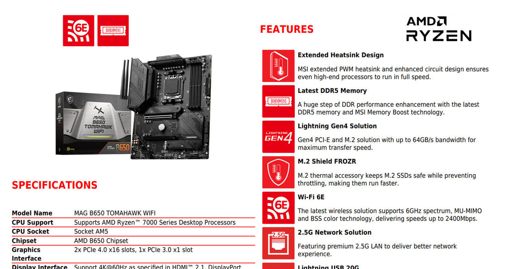 MSI MAG B650 TOMAHAWK WIFI AMD AM5 ATX Gaming Motherboard Specification