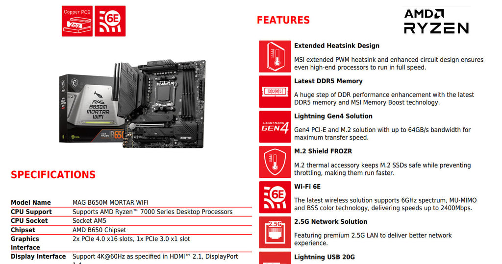 MSI MAG B650M MORTAR WIFI AMD AM4 ATX Gaming Motherboard Specification