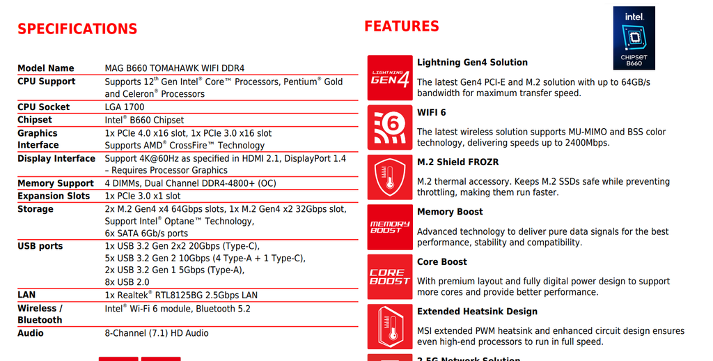 MSI MAG B660 TOMAHAWK WIFI DDR4 Intel Socket 1700 ATX Gaming Motherboard Specification