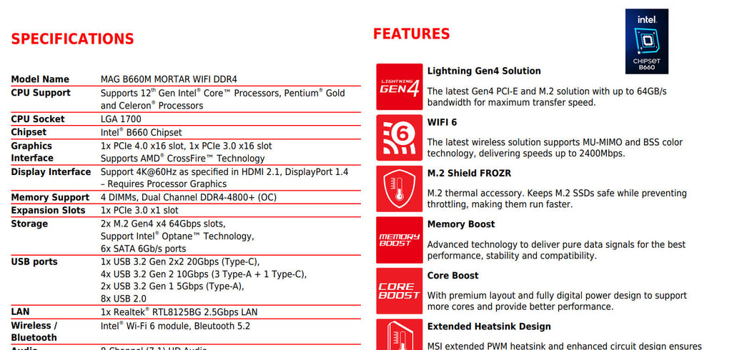 MSI MAG B660M MORTAR WIFI Intel Socket 1700 Micro-ATX Motherboard Specification