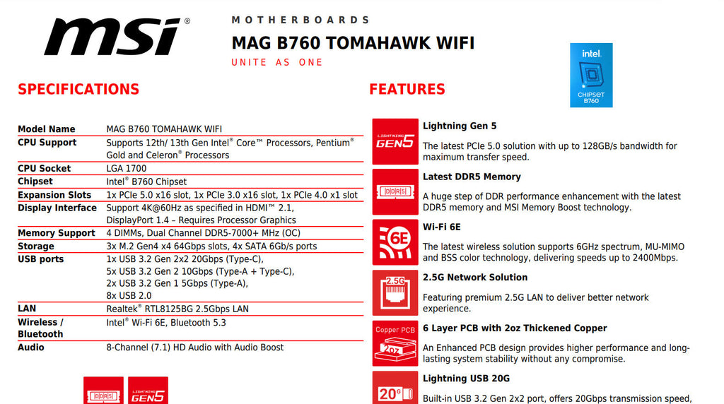 MSI PRO B760 TOMAHAWK WIFI Intel Socket 1700 ATX Motherboard Specification