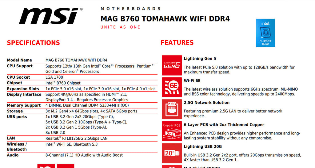MSI PRO B760 TOMAHAWK WIFI DDR4 Intel Socket 1700 ATX Motherboard Specification