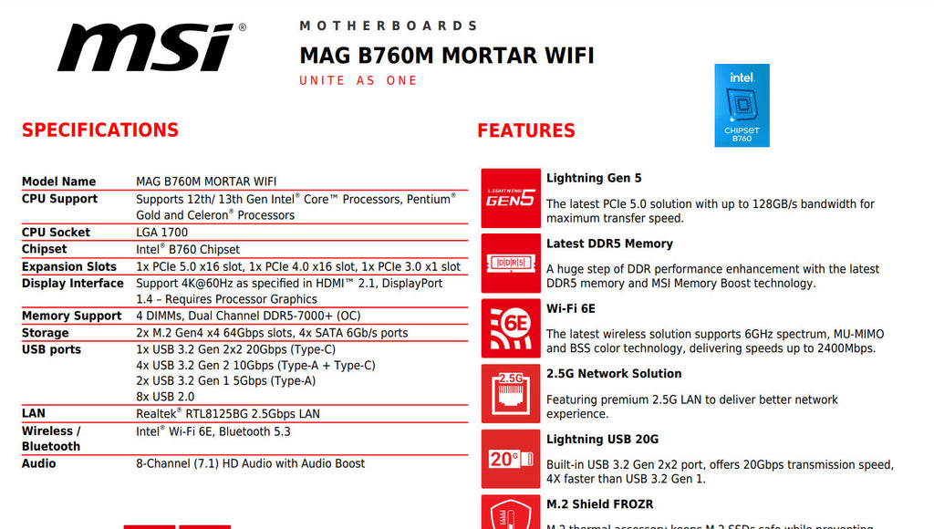 MSI MAG B760M MORTAR WIFI DDR5 Intel Socket 1700 Micro-ATX Motherboard Specification