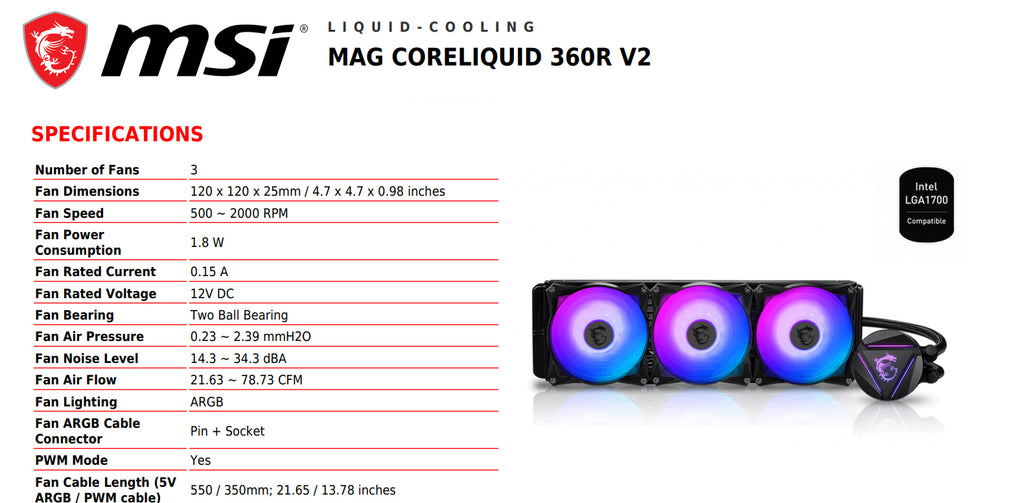 MSI MAG CORELIQUID 360R V2 AIO ARGB Liquid CPU Cooler Specification