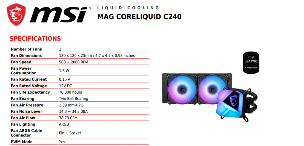 MSI MAG CORELIQUID C240 AIO ARGB Liquid CPU Cooler Specification