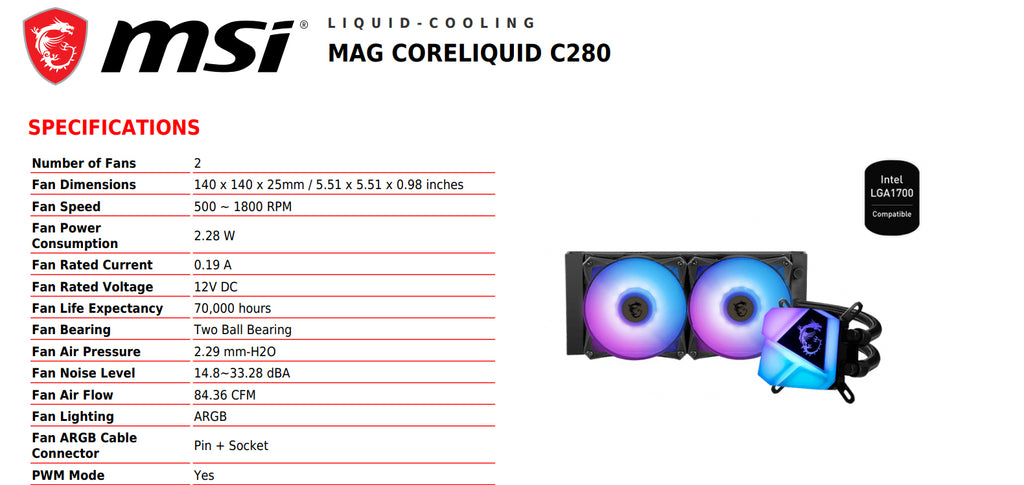 MSI MAG CORE LIQUID C280 AIO ARGB Liquid CPU Cooler Specification