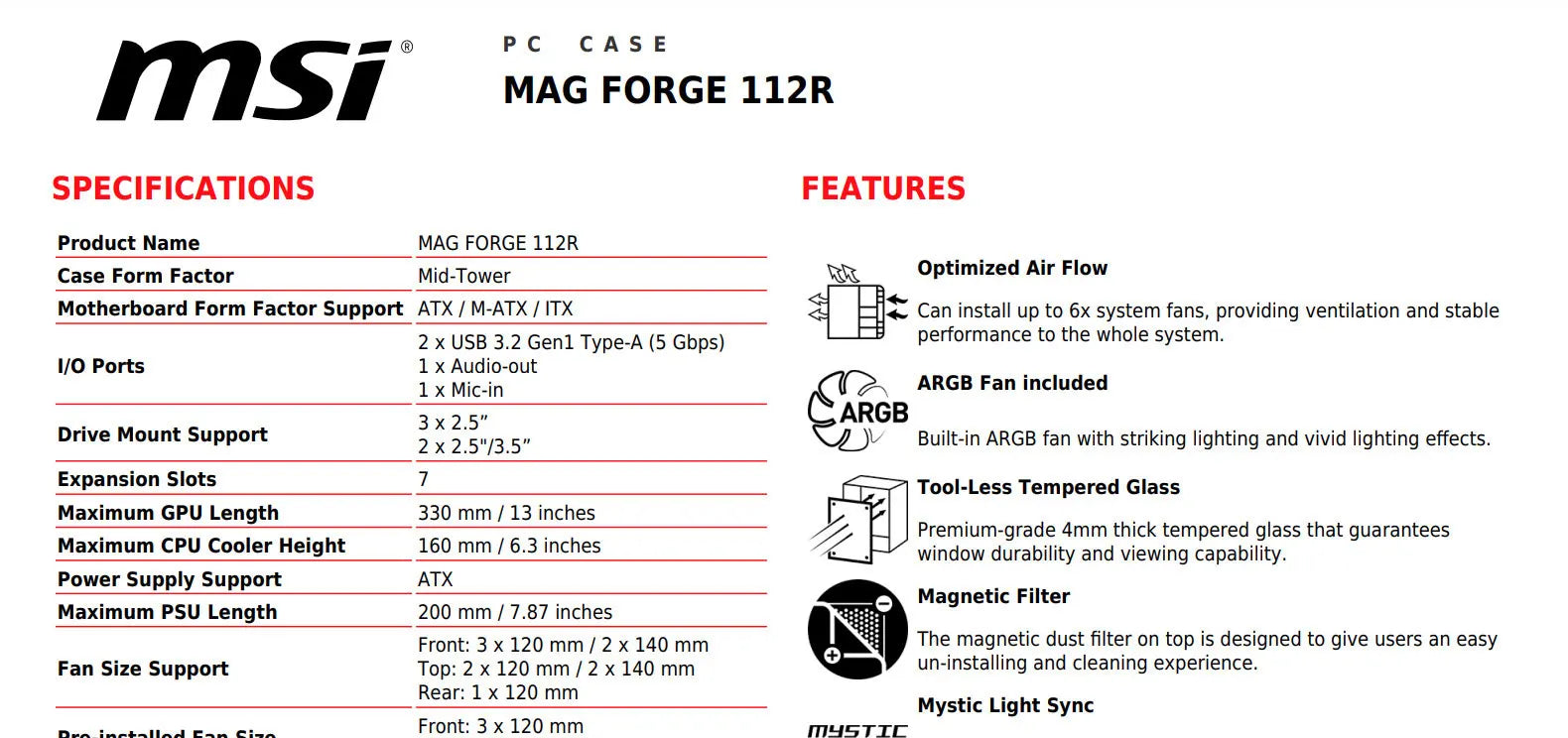 MSI MAG FORGE 112R Mid-Tower Computer Gaming Case Specification