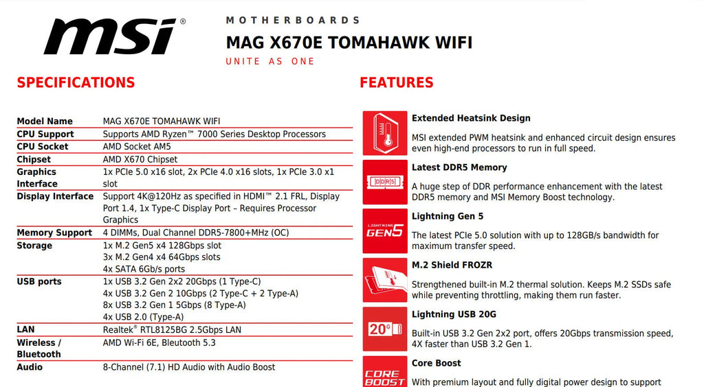 MSI MAG X670E TOMAHAWK WIFI DDR5 AMD AM5 ATX Motherboard Specification