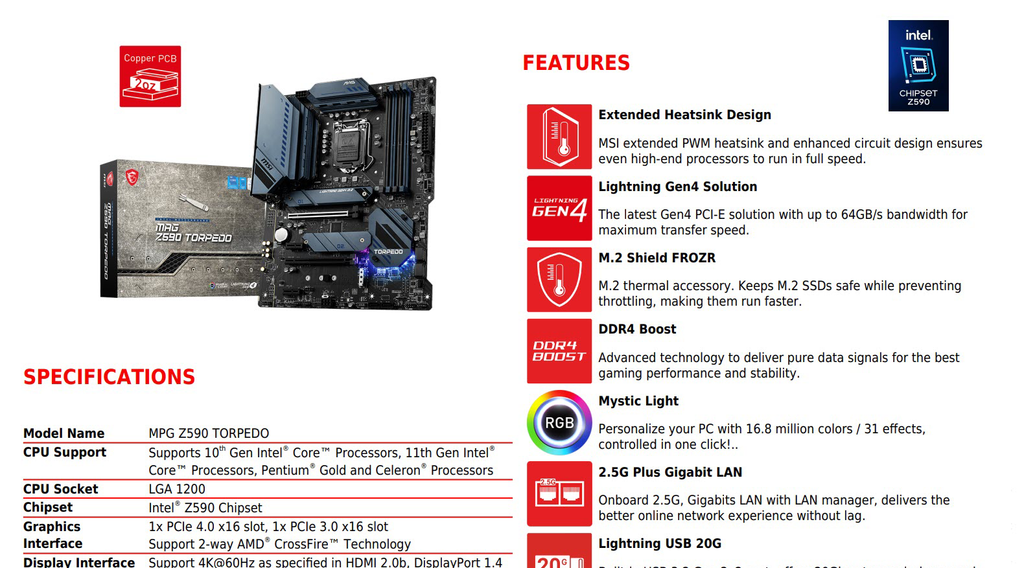 MSI MAG Z590 TORPEDO Intel Socket 1200 ATX Motherboard Specification