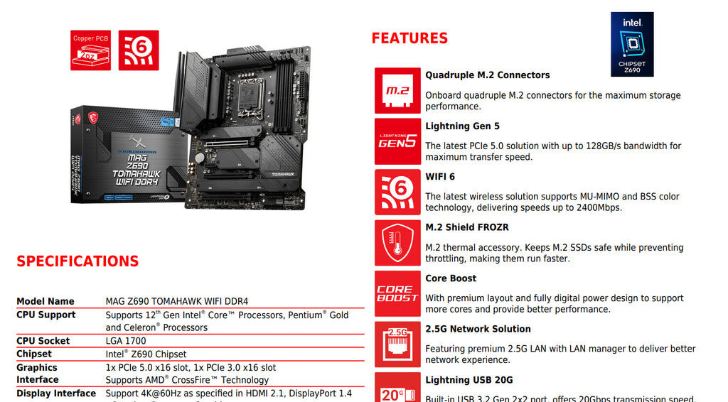 MSI MAG Z690 TOMAHAWK WIFI DDR4 Intel Socket 1700 ATX Motherboard Specification
