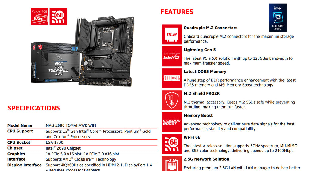 MSI MAG Z690 TOMAHAWK WIFI DDR5 Intel Socket 1700 ATX Motherboard Specification