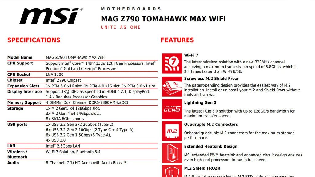 MSI MAG Z790 TOMAHAWK MAX WIFI Intel Socket 1700 ATX Motherboard Specificaiton