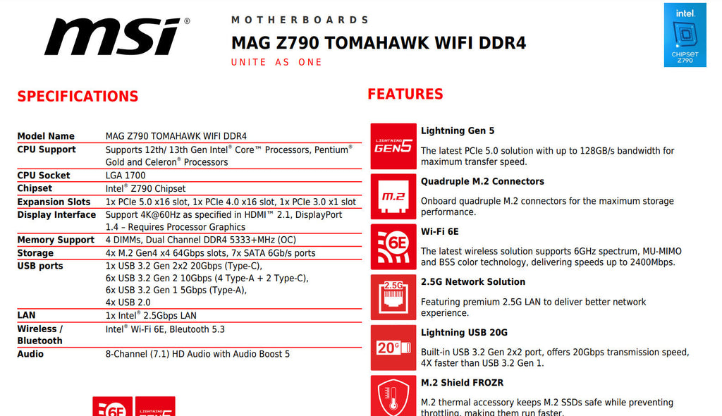 MSI MAG Z790 TOMAHAWK WIFI DDR4 Intel Socket 1700 ATX Motherboard Specification