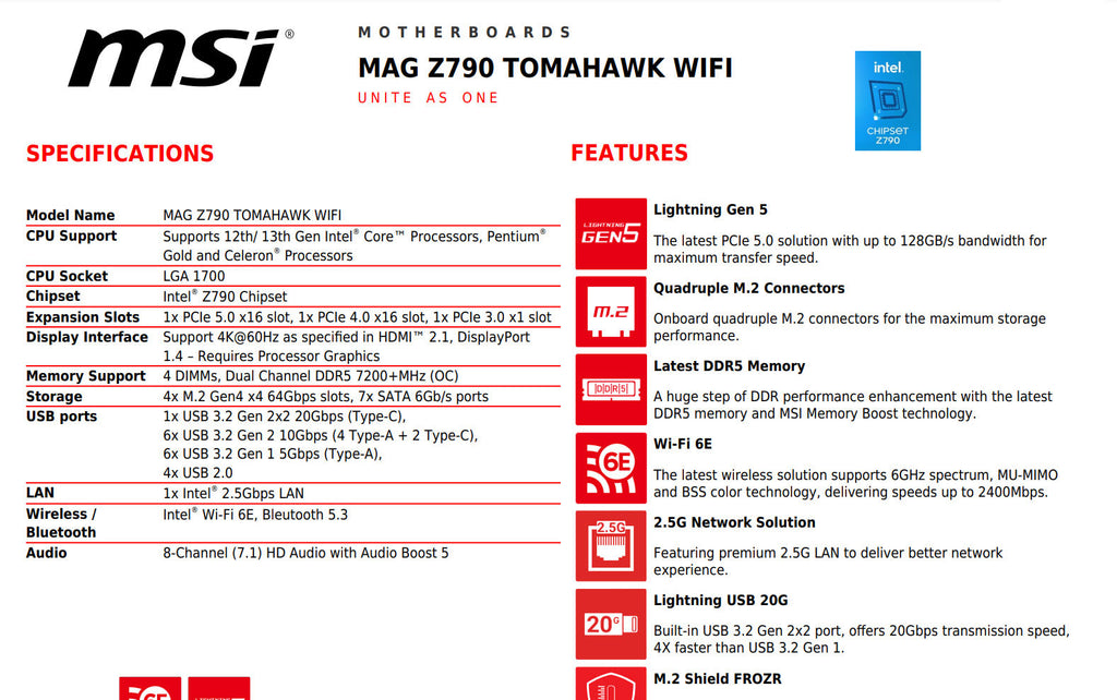 MSI MAG Z790 TOMAHAWK WIFI Intel Socket 1700 ATX Motherboard Specification