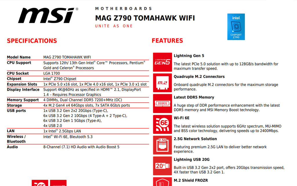 MSI MAG Z790 TOMAHAWK WIFI Intel Z790 ATX Motherboard - Aeromalls