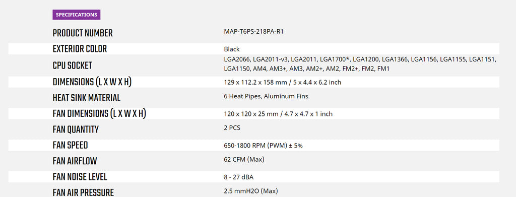 Cooler Master Master AIR MA612 STEALTH ARGB CPU Cooling Fan Model: MAP-T6PS-218PA-R1 Specification