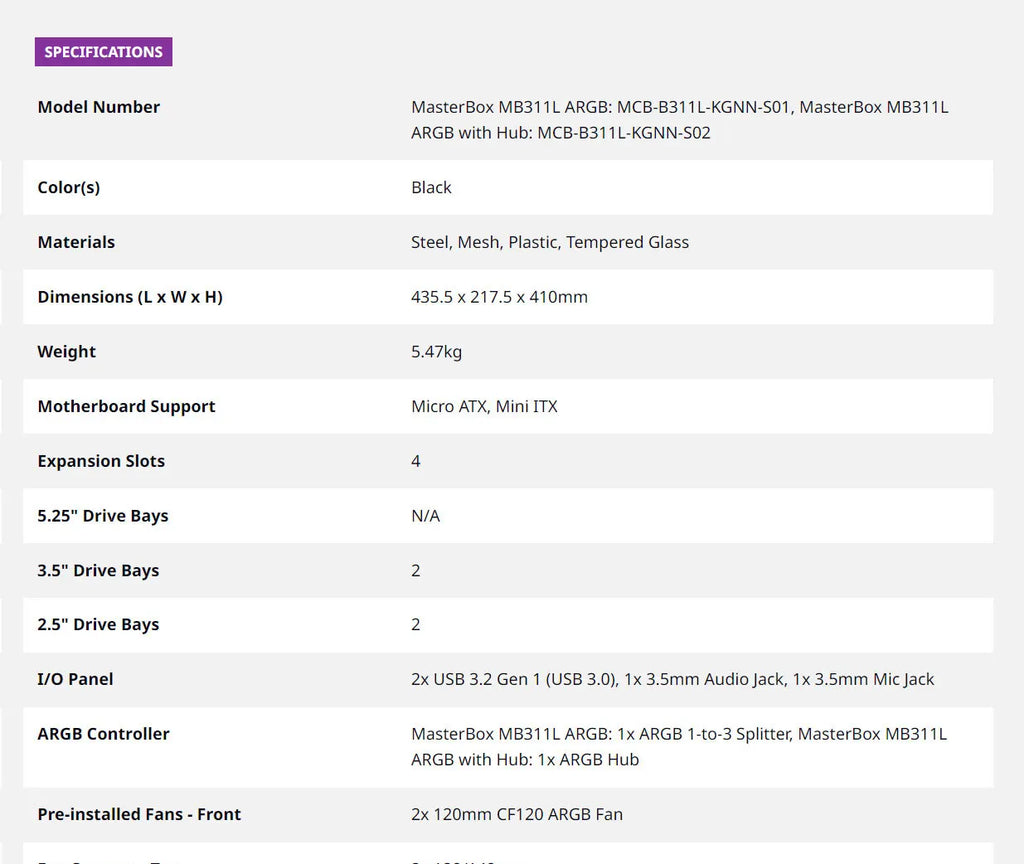 Cooler Master MasterBox MB311L ARGB Micro-ATX Case Model: MCB-B311L-KGNN-S02 Specification