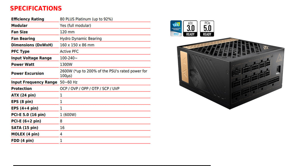 MSI MEG Ai1300P PCIE5 1300W 80+ Platinum ATX Modular Power Supply Specification