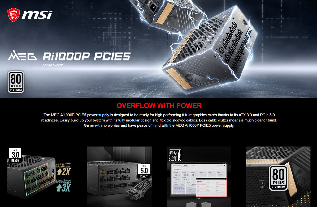 MSI MEG Ai1000P PCIE5 1000W 80+ Platinum ATX Modular Power Supply Description