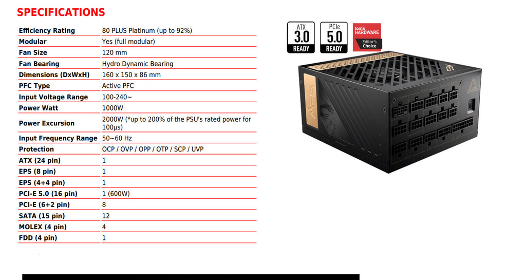 MSI MEG Ai1000P PCIE5 1000W 80+ Platinum ATX Modular Power Supply Specification