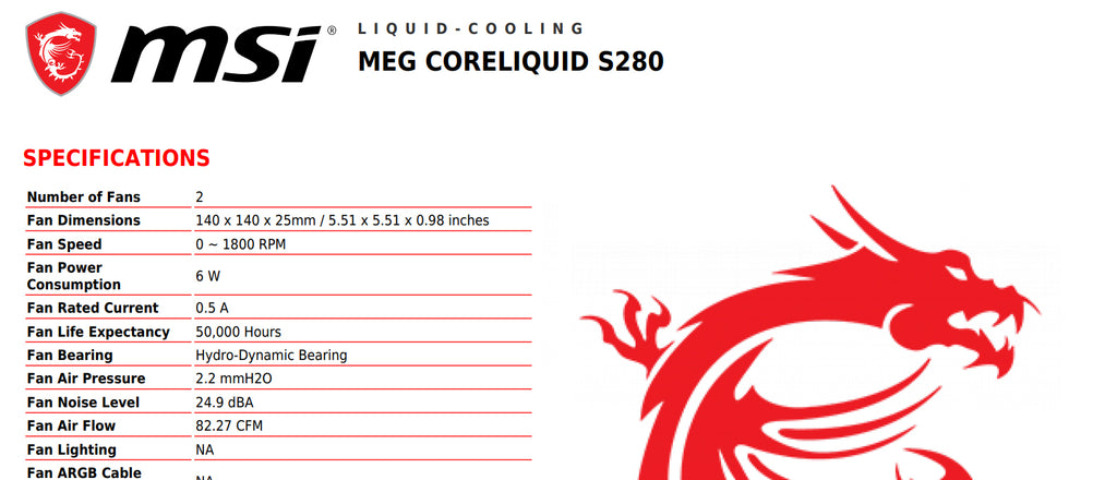 MSI MEG CORELIQUID S280 AIO ARGB Liquid CPU Cooler Specification