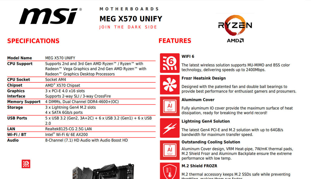 MSI MEG X570 UNIFY DDR4 AMD AM4 ATX Motherboard Specification