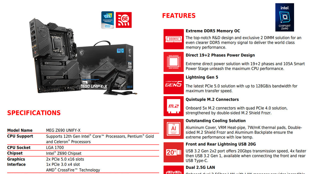 MSI MEG Z690 UNIFY-X DDR5 Intel Socket 1700 ATX Motherboard Specification