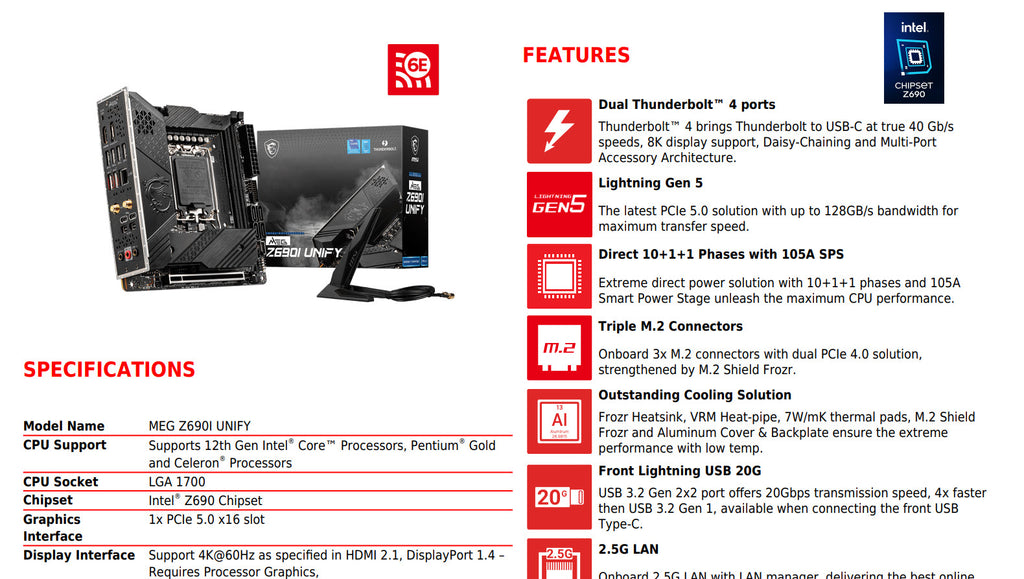 MSI MEG Z690I UNIFY Intel Socket 1700 Mini-ITX Motherboard Specification