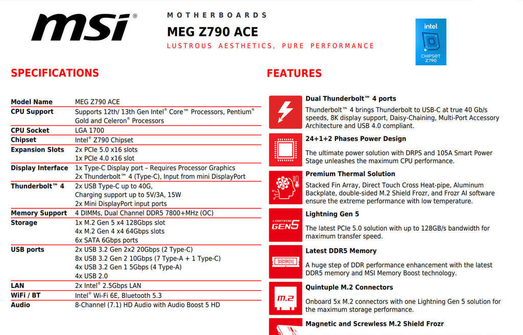 MSI MEG Z790 ACE Intel Socket 1700 ATX Motherboard Specification