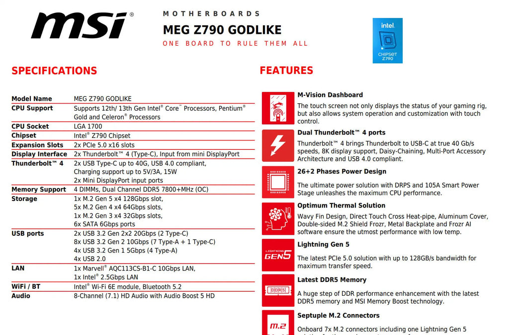 MSI MEG Z790 GOLDLIKE Intel Socket 1700 E-ATX Motherboard Specification