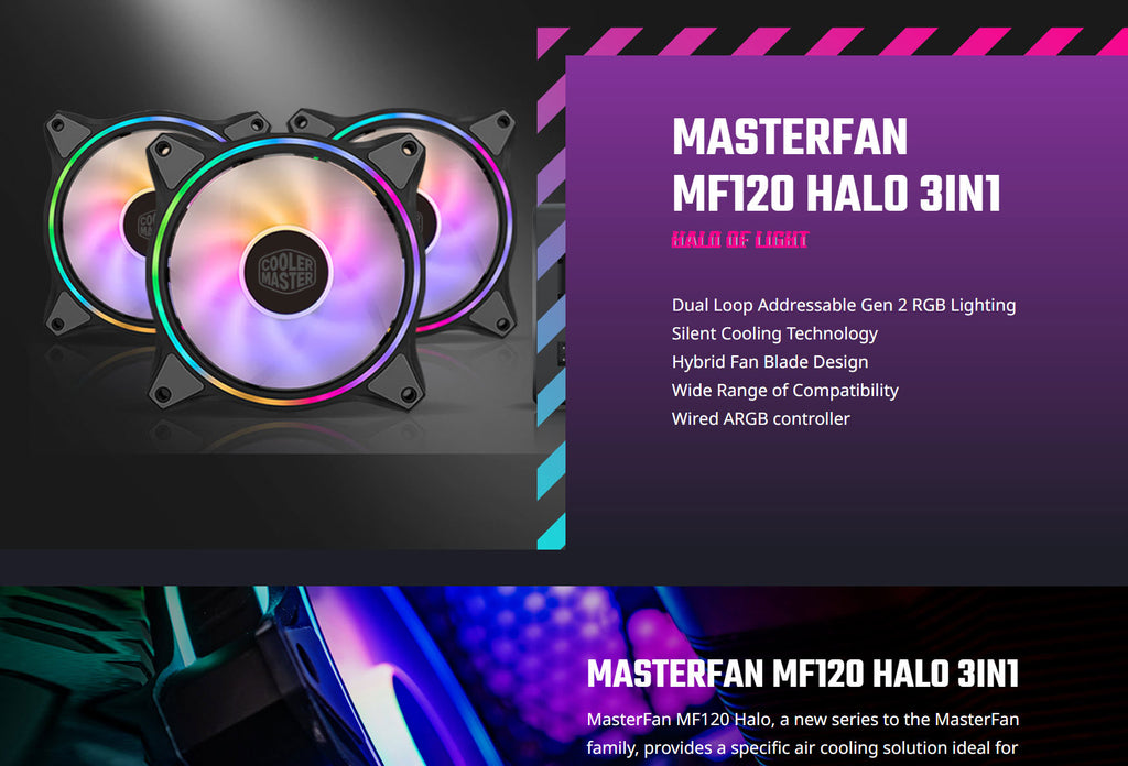 Cooler Master MASTERFAN MF120 Halo 120mm ARGB Black Case Fan 3 Pack with Controller  Model: MFL-B2DN-183PA-R1 Description