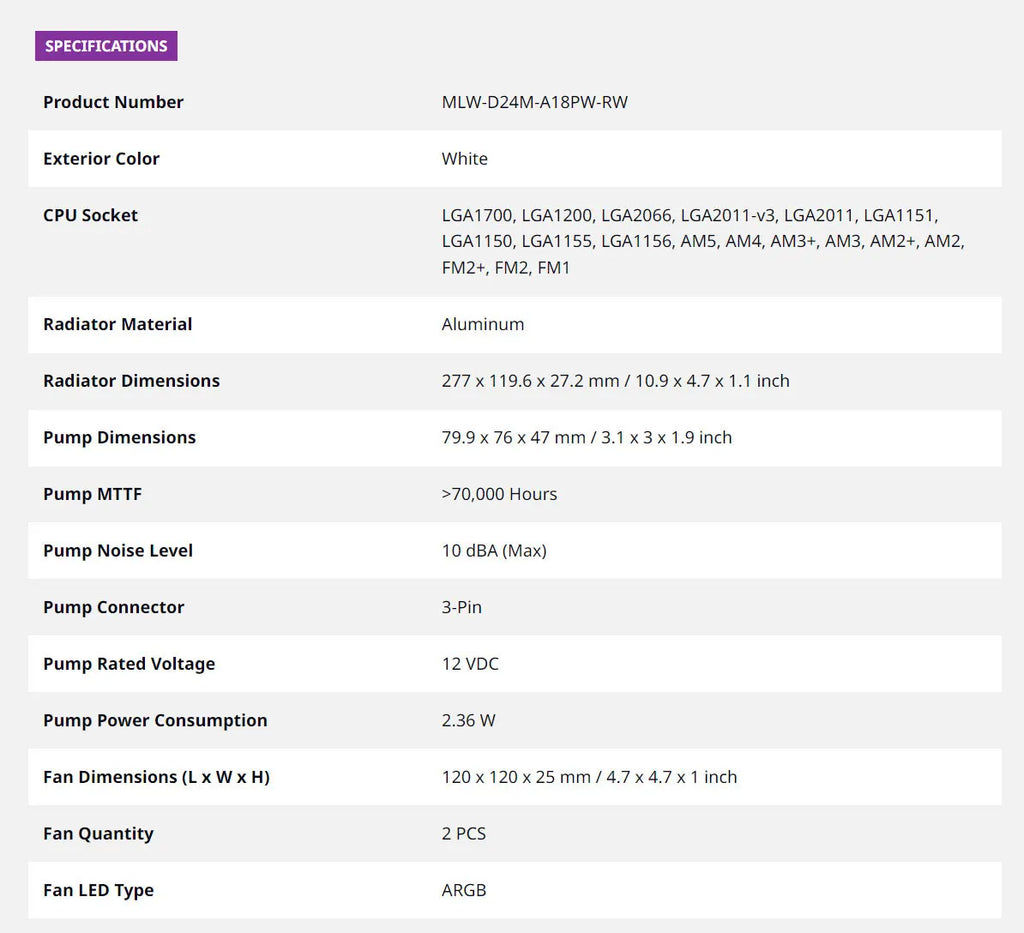 Cooler Master MasterLiquid ML240L ARGB V2 Liquid Cooler White Color Model: MLW-D24M-A18PW-RW Specification