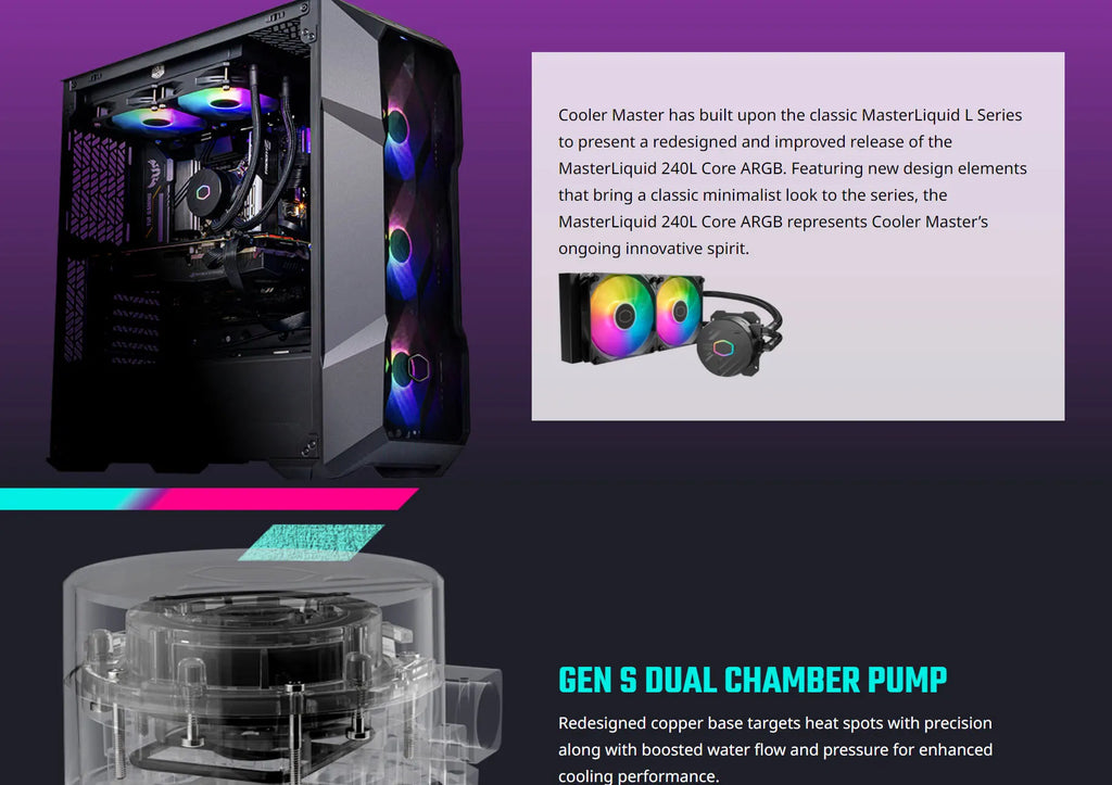 Cooler Master MasterLiquid 240L Core ARGB Liquid Cooler Black Color Model: MLW-D24M-A18PZ-R1 Description