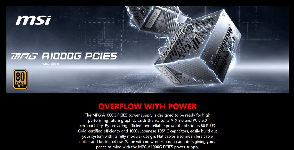 MSI MPG A1000G PCIE5 1000W 80+ Gold ATX Modular Power Supply Description