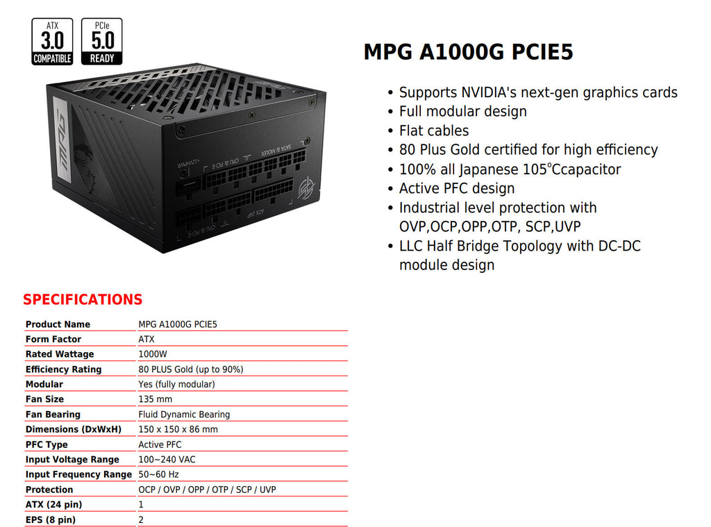 MSI MPG A1000G PCIE5 1000W 80+ Gold ATX Modular Power Supply Specification