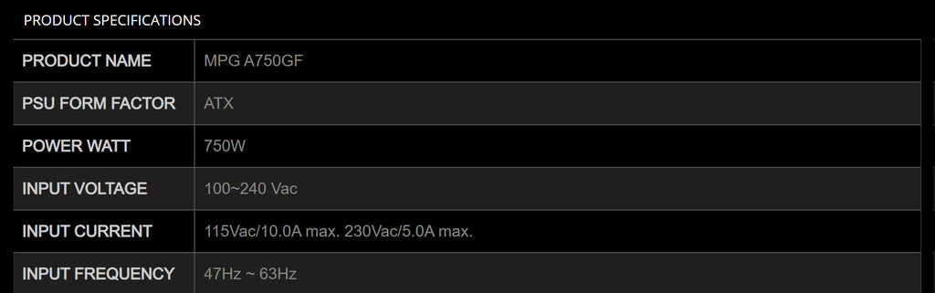 MSI MPG A750GF 750W 80+ Gold ATX Modular Power Supply Specification